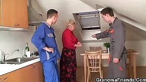 Two repairmen have sex with an older woman with big breasts big boobs breast granny