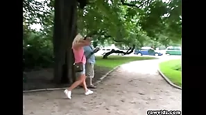 Mature man has sex with young Russian girl in public blonde blowjob cumshot